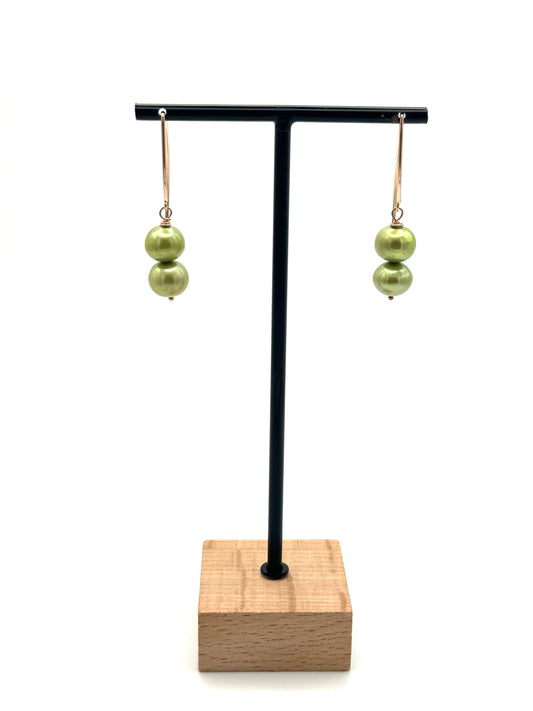 Double Light Green Freshwater Pearls arose Gold Earrings