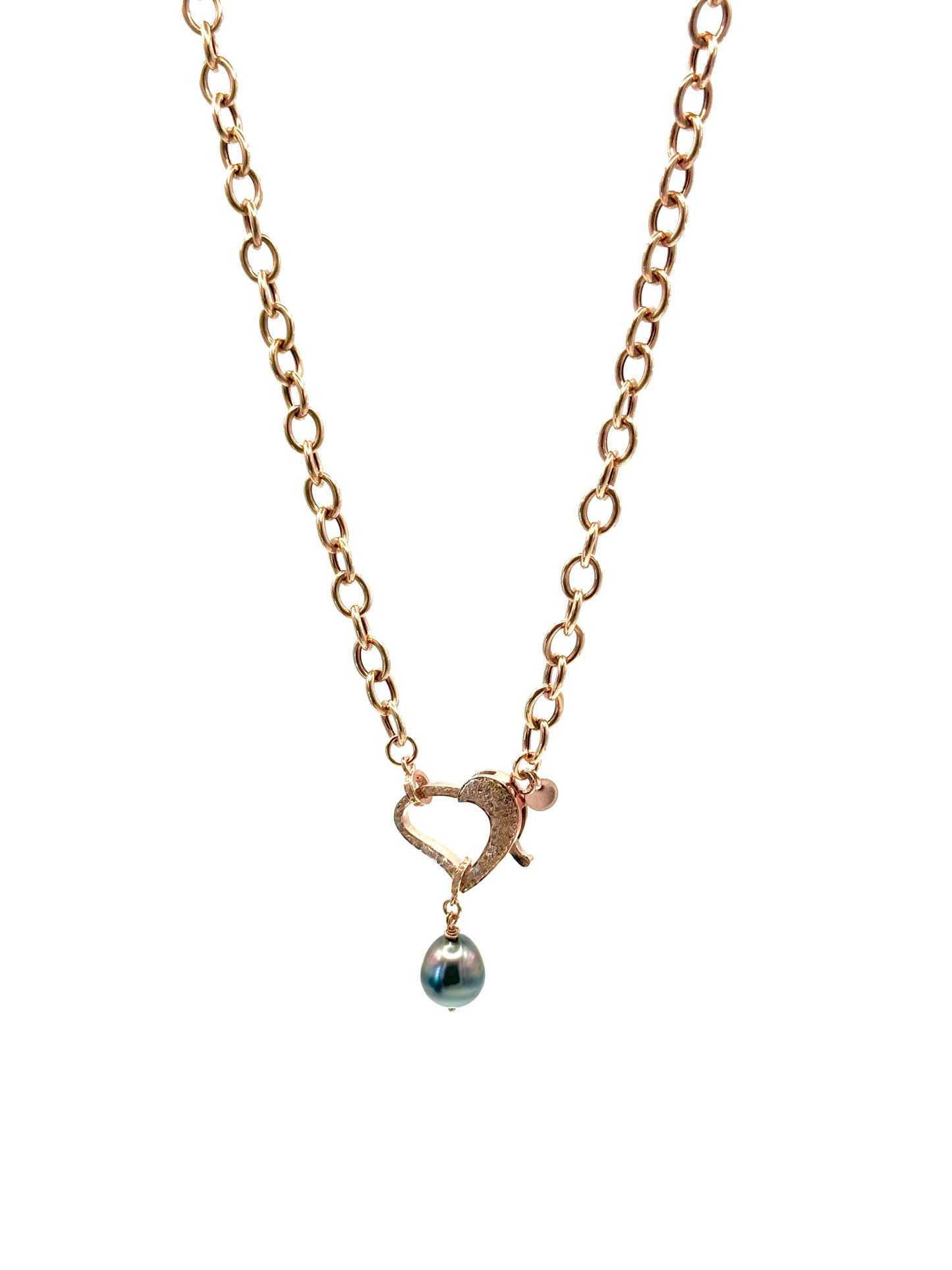 Grey Pink Tahitian Pearl and Diamond Heart Rose Gold Necklace