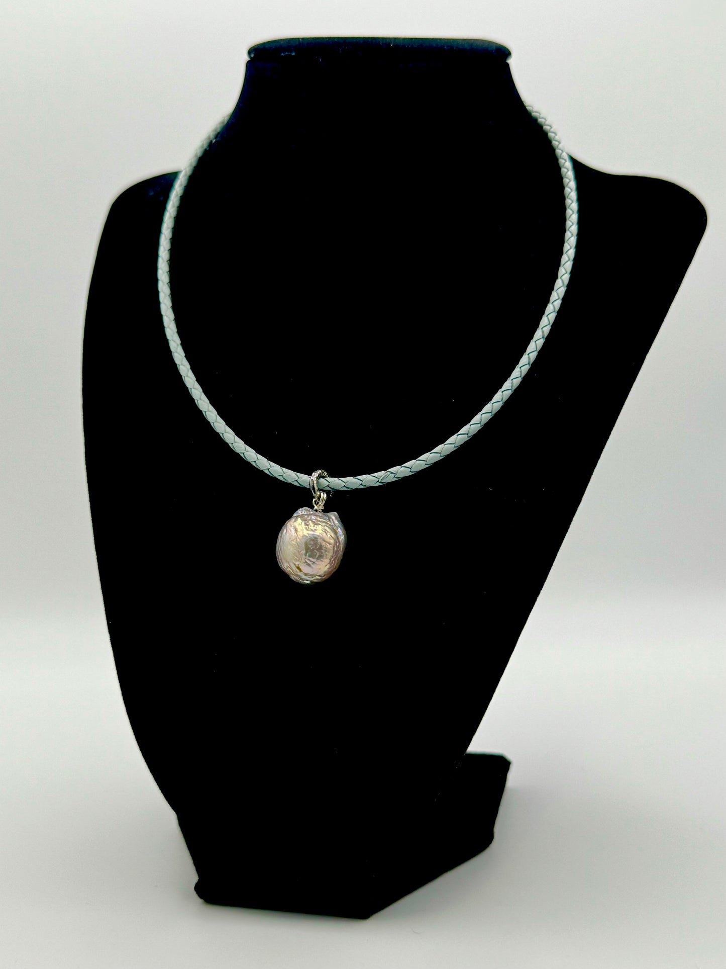 Metallic Baroque Freshwater Pearl Grey Leather Necklace