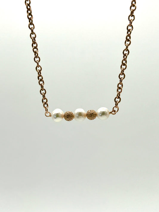 White Sparkle Swing Necklace: White Freshwater Pearls, Rose Gold Diamonds Beads Bar Rose Gold Necklace