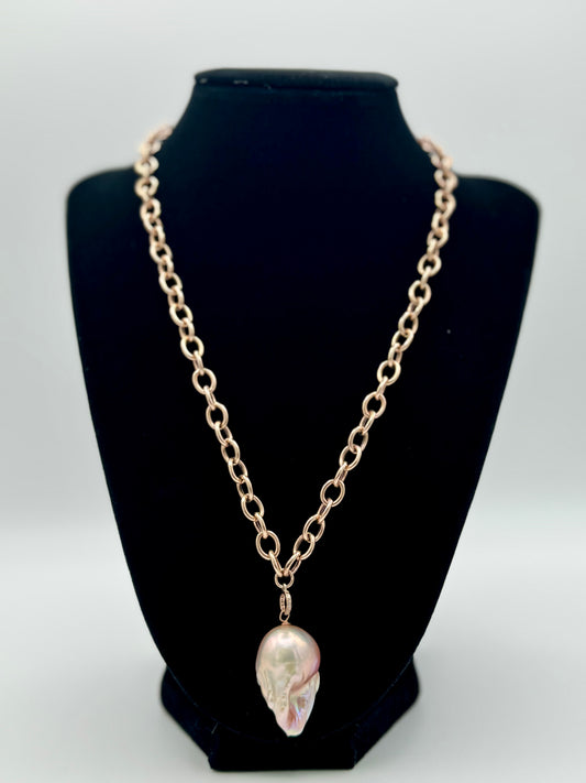Pink Baroque Freshwater Pearl Diamond Closure Rose Gold Necklace