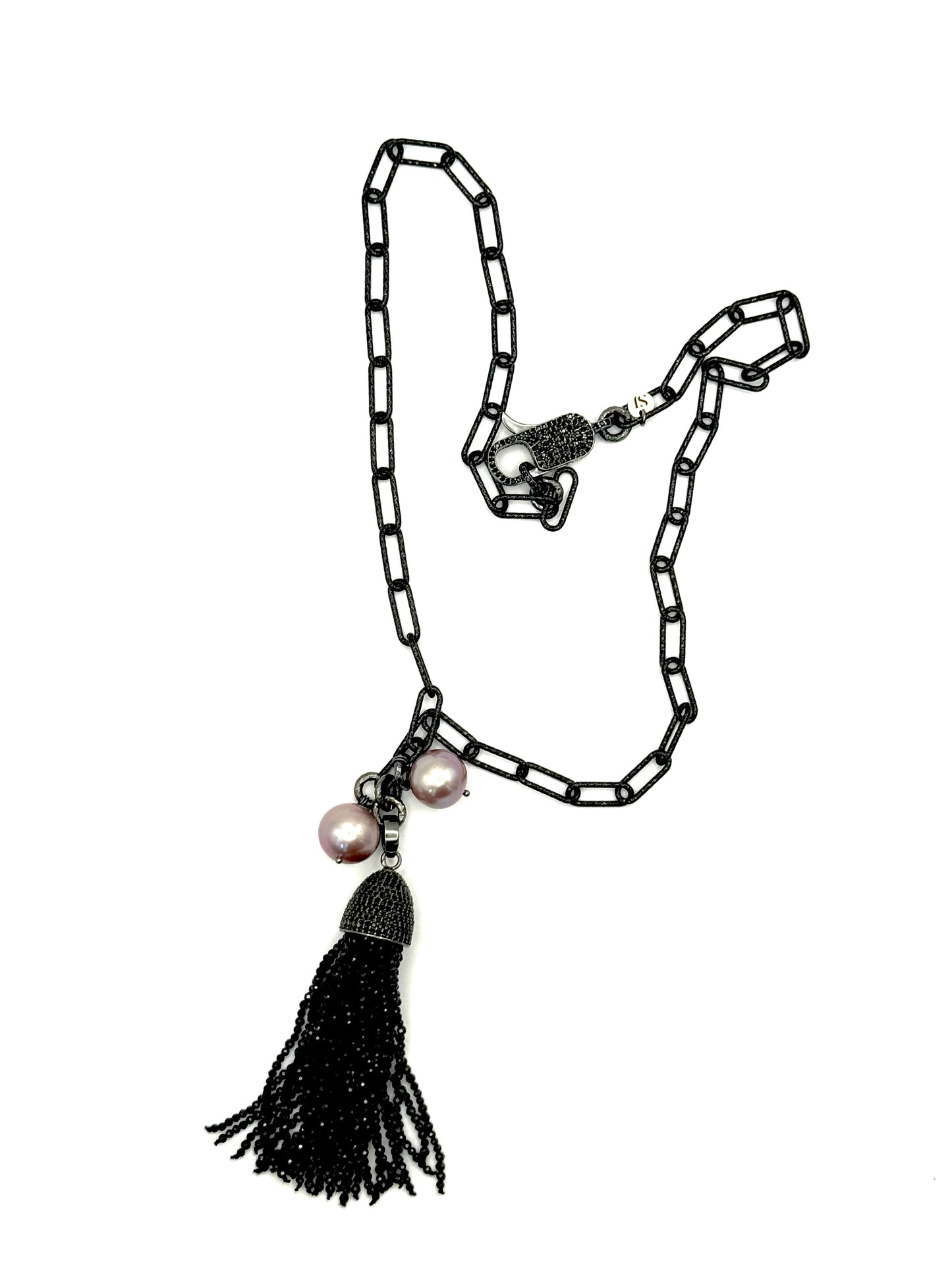 Pink Edison Pearl Black Spinel Tassel Black Rhodium Paperclip Chain Necklace