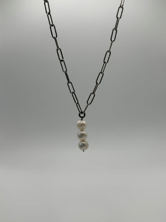 White Freshwater Pearl Pendant on Black Rhodium and Sterling Silver Mix Paperclip Chain Necklace