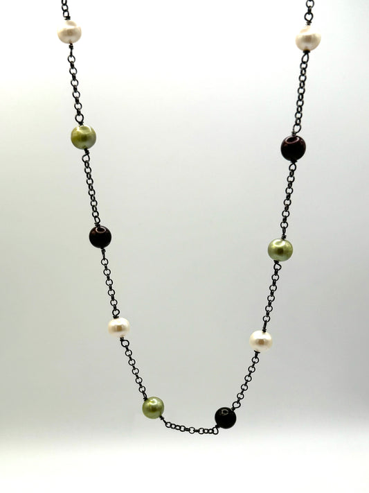 Tri-Color Freshwater Pearl Silver Necklace