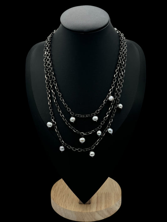 Lunar Tide Necklace-Silver Nugget Pearl Triple Layer Necklace