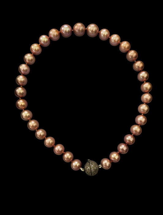 11-14mm Dusty Rose Edison Pearls 15mm Diamond Ball Clasp Necklace