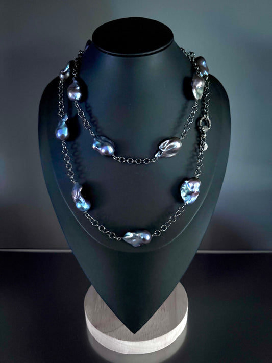 Midnight Mirage-Peacock Baroque Black Rhodium Chain Station Necklace