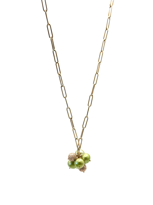 Verdant Gleam Necklace: Rose Gold Paperclip Necklace with Light Green Pearls & Diamond Beads