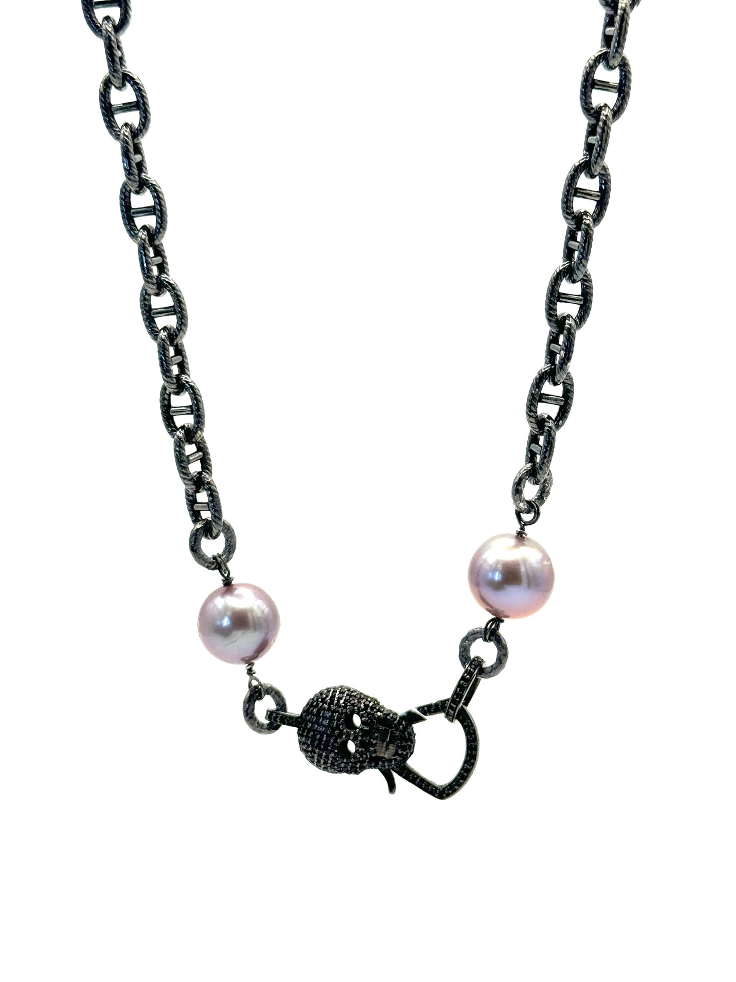 Midnight Enchantment Necklace: Black Rhodium Mariner Link Chain with Pink Edison Pearls and Black Spinel Skull Clasp