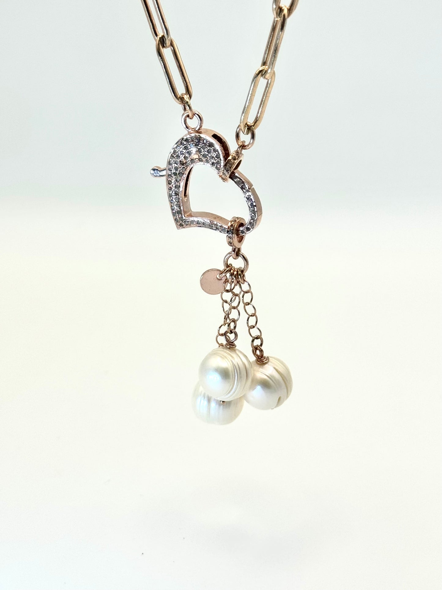 12mm White Freshwater Pearls on Rose Gold Diamond Heart Necklace