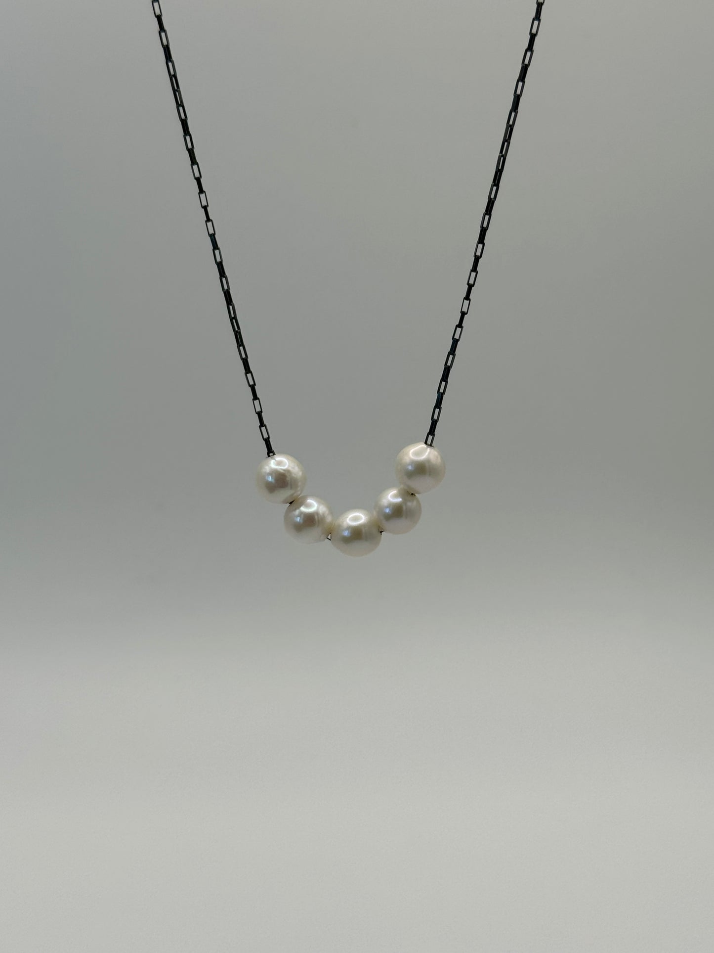 White Freshwater Pearls on Oxidized Sterling Silver Small Box Chain