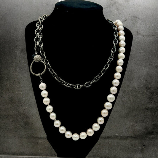 White Edison Pearl and Black Rhodium Mariner Link Chain Diamond Clasp Necklace