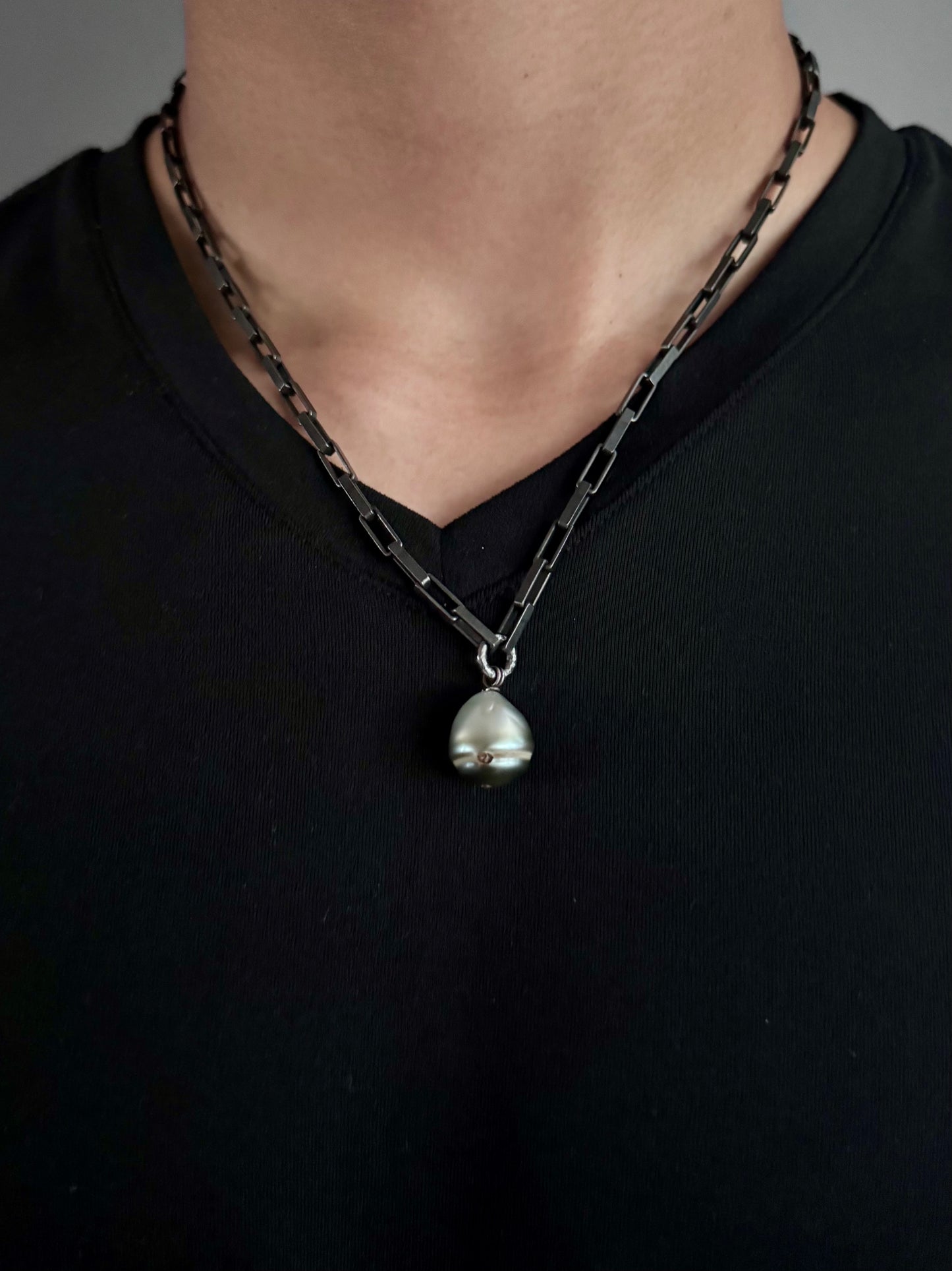 15mm Tahitian Pearl Matte Black Oxidized Silver Box Link Chain