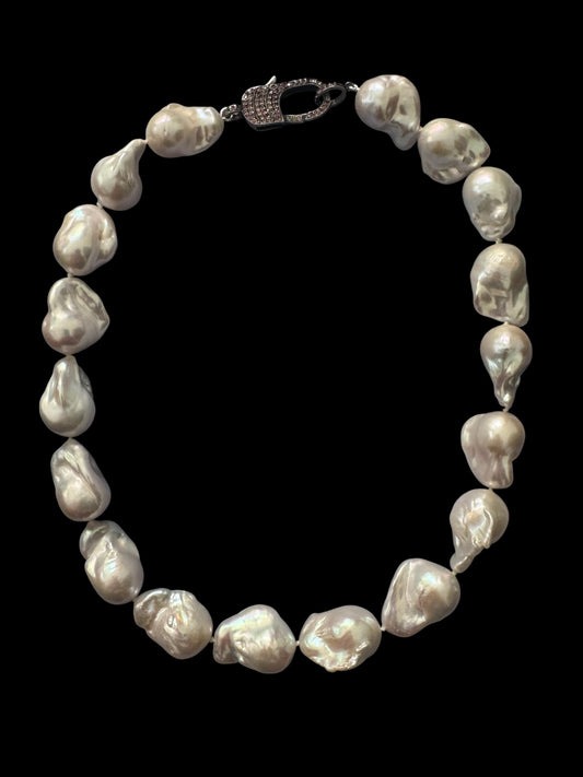 Salt Crest – White Baroque Freshwater Pearl Necklace with Pavé Tourmaline Oxidized Silver Clasp