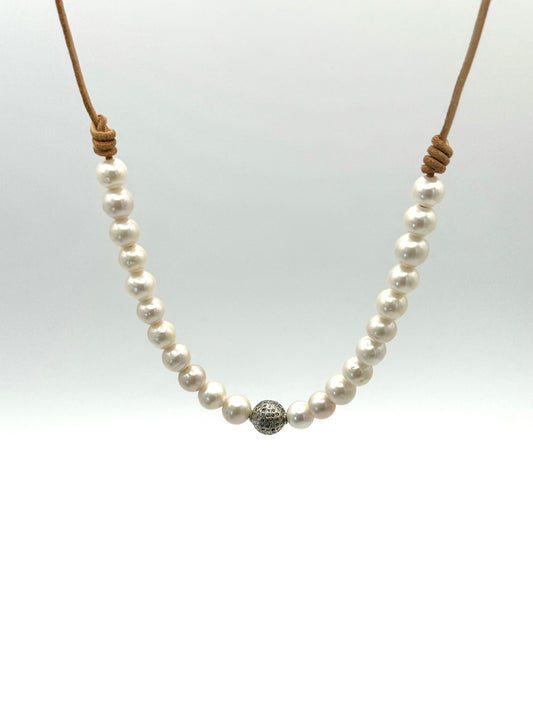 8mm White Freshwater Pearls and 10mm Silver Diamond Bead on Natural Tan Leather Necklace