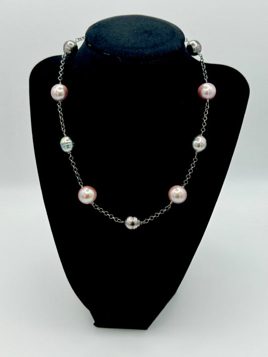Grey Tahitian Pearl and Pink Edison Pearl Oxidized Silver Station Necklace