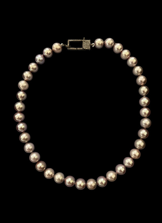 Aura – Cool Pink Edison Pearl Necklace with Pavé Diamond Oxidized Silver Clasp