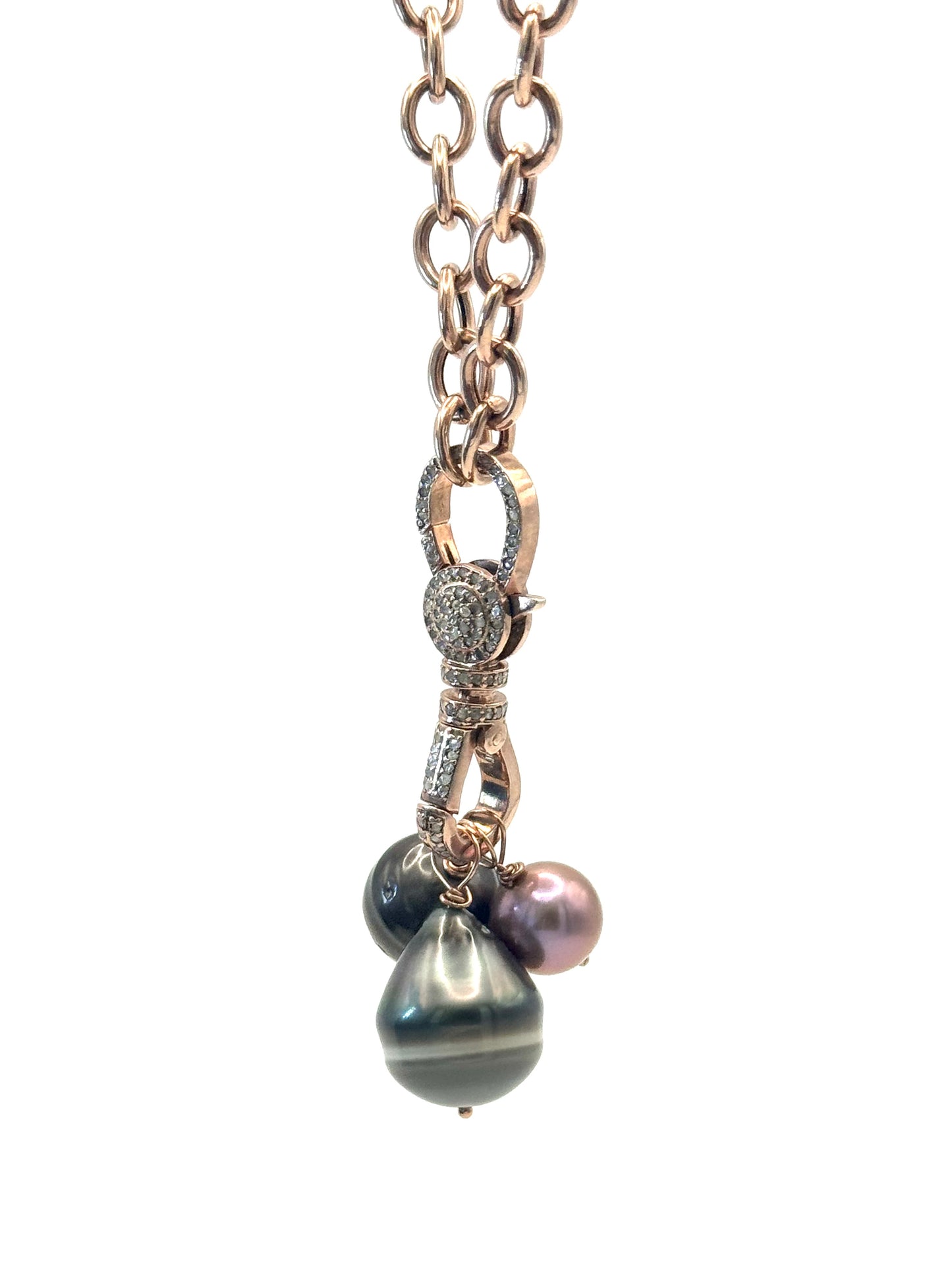 Enchanted Rose Necklace: Rose Gold with Diamond Clasp adorned with Tahitian and Pink Edison Pearls