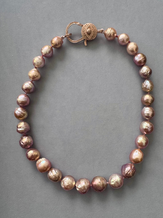 11-14mm Metallic Pink Wrinkle Edison Pearls Rose Gold Pave Diamond Evil Eye Clasp Necklace