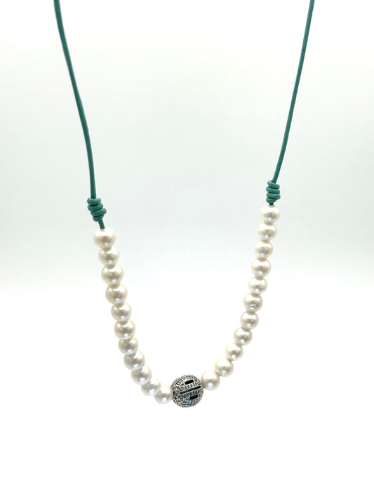 8mm White Freshwater Pearls with Silver Diamond Bead on Turquoise Leather Necklace