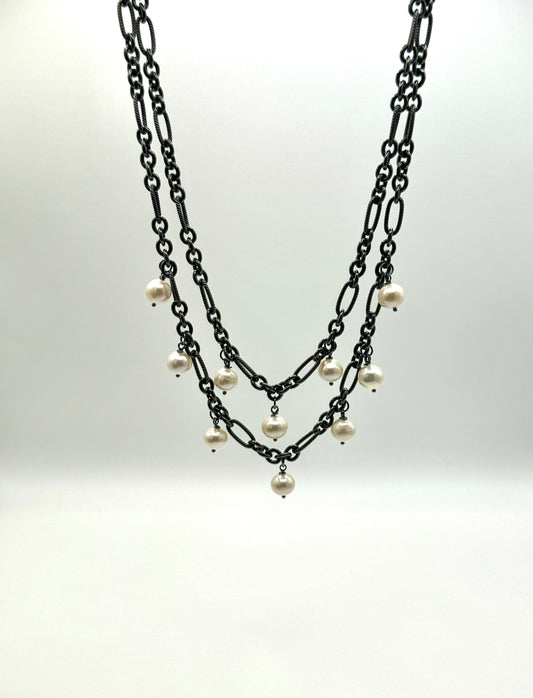 Double Layer White Edison Pearl Black Rhodium Long-Short Link Chain Necklace