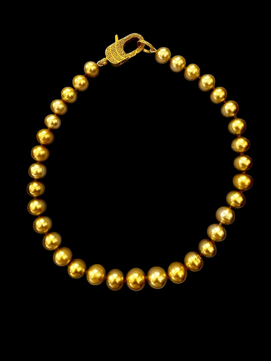 Auric Tide – Golden South Sea Pearl Necklace with Gold-Plated Pavé Diamond Clasp