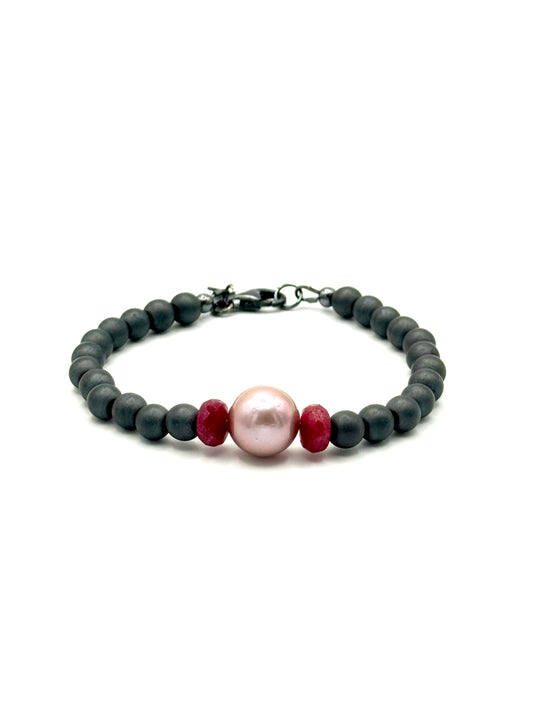 Pink Edison Pearl Grey Hematite Bracelet