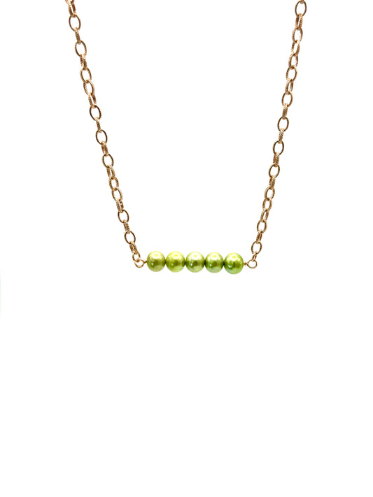 Contemporary Light Green Freshwater Pearls on Rose Gold Bar Necklace