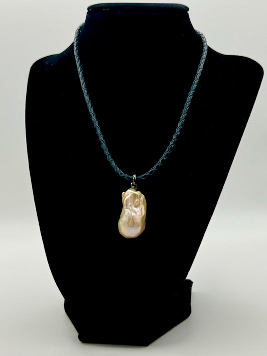 Pink Baroque Freshwater Pearl Navy Cowhide Leather Necklace