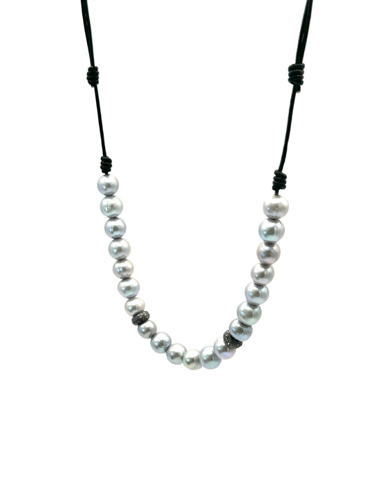 9mm Grey Freshwater Pearls with Oxidized Silver Diamond Rondelles on Black Leather Necklace