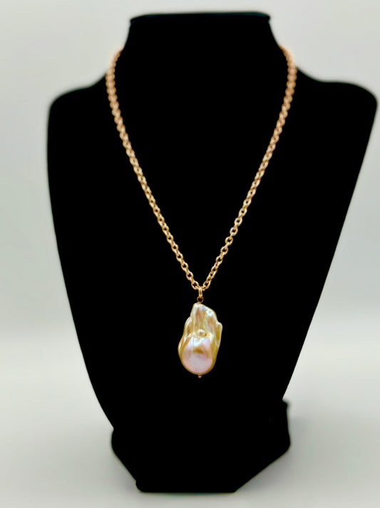 Pink Baroque Freshwater Pearl Rose Gold Cable Link Chain