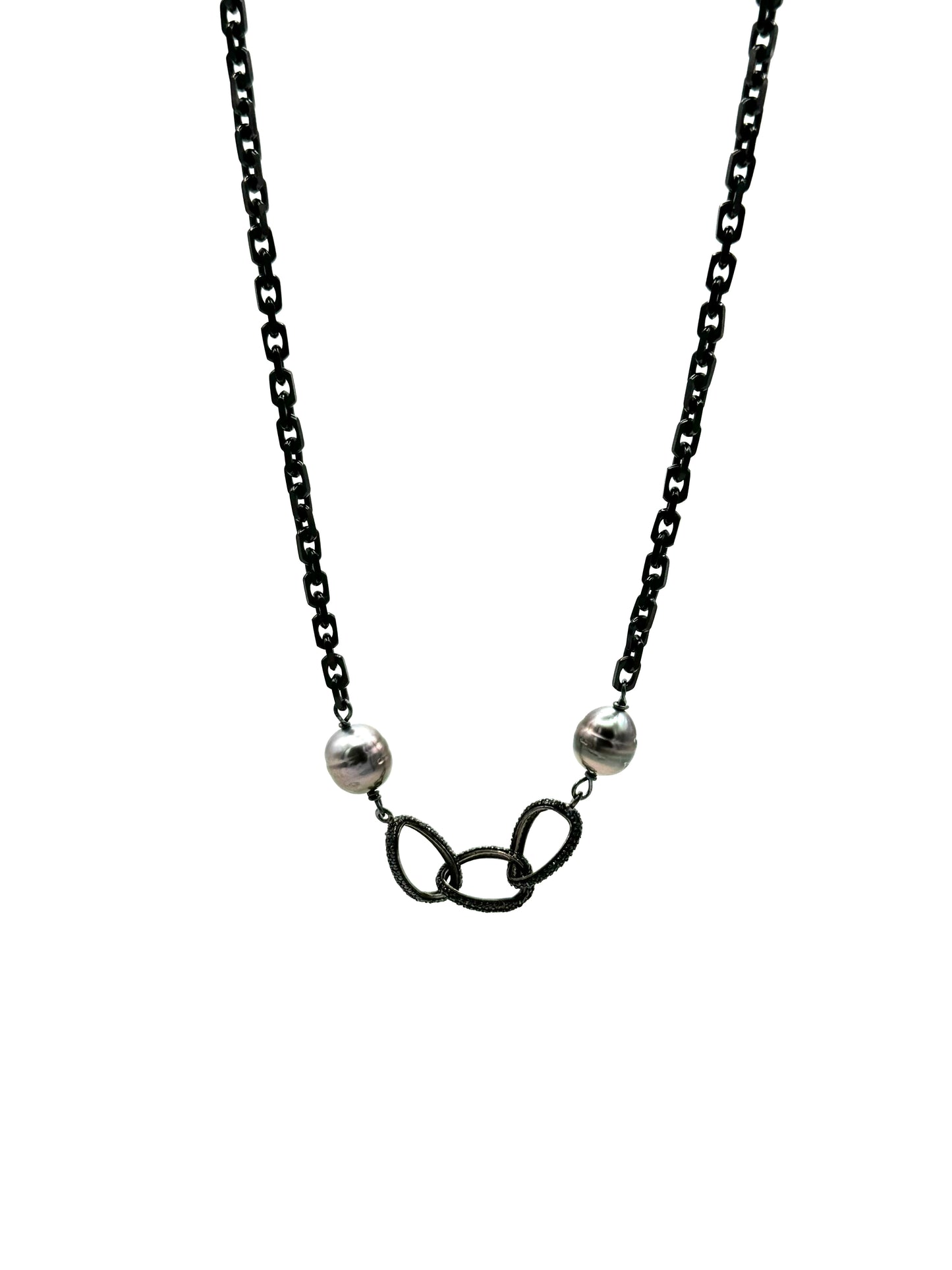 11.5mm Tahitian Pearls and Black Spinel Link Necklace