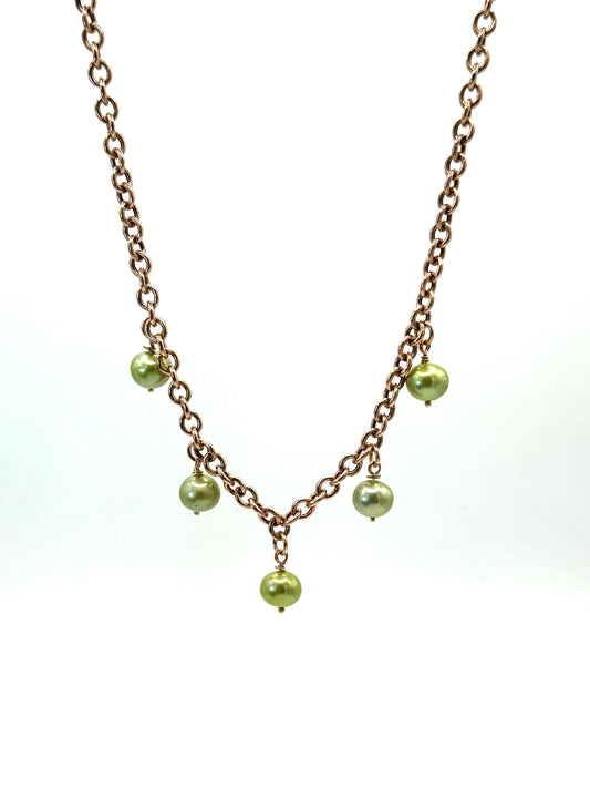 Verdant Radiance Necklace: Rose Gold & Light Green Freshwater Pearl