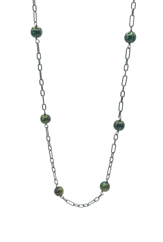 Forest Green Pearls on Black Rhodium Silver Chain