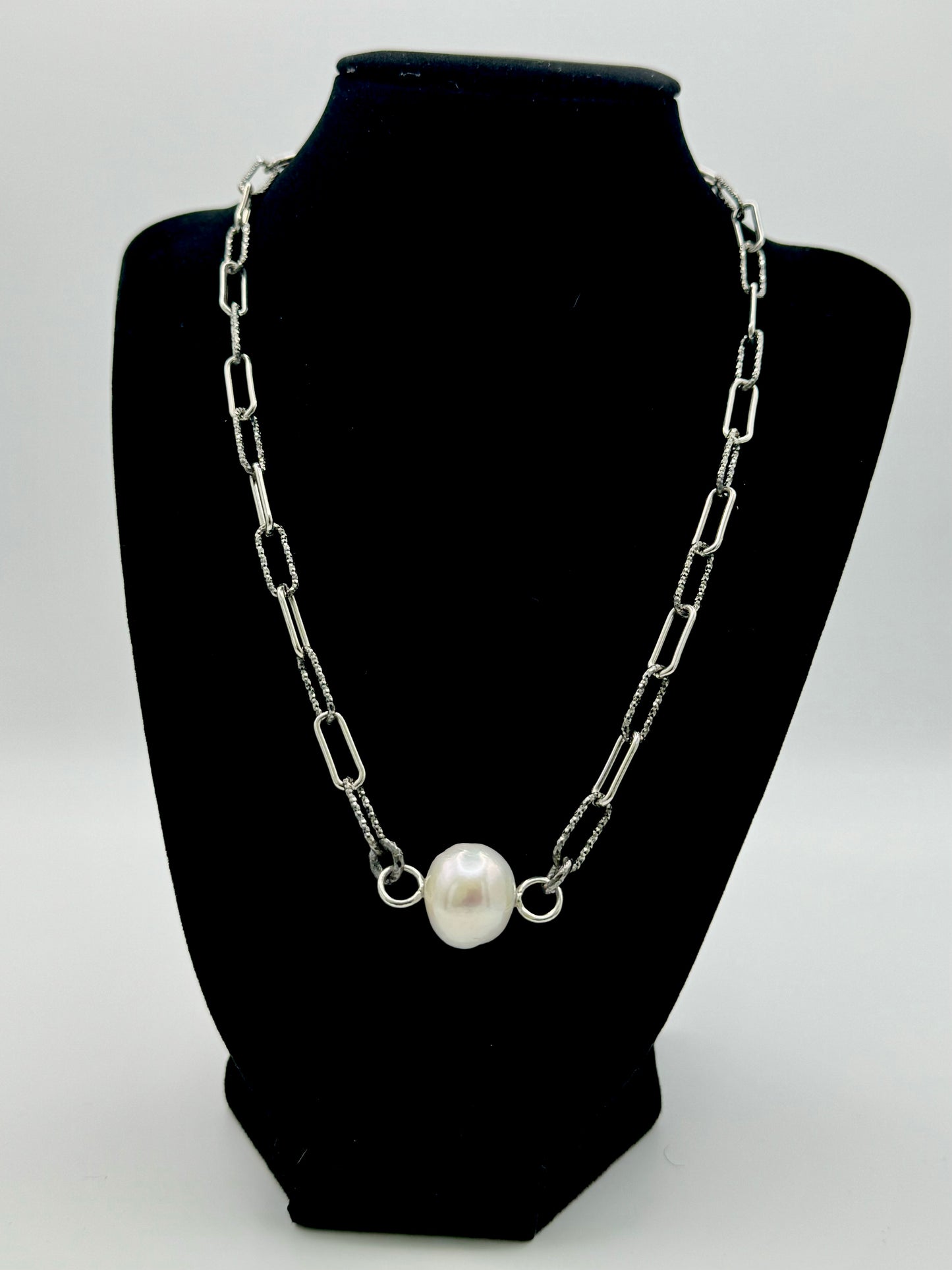 16mm White Edison Pearl Black Rhodium Sterling Silver Two Tone Paperclip Chain Necklace