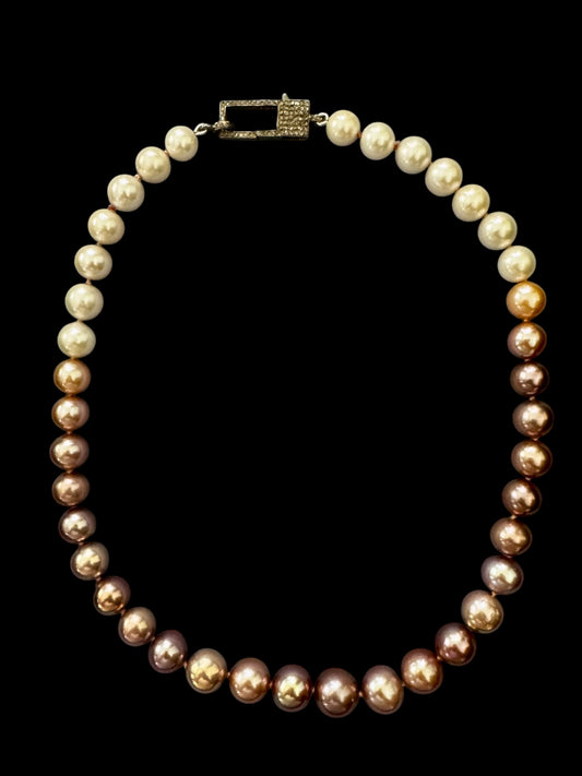 Solstice – Ombre Edison Pearl Necklace with Pavé Diamond Oxidized Silver Clasp