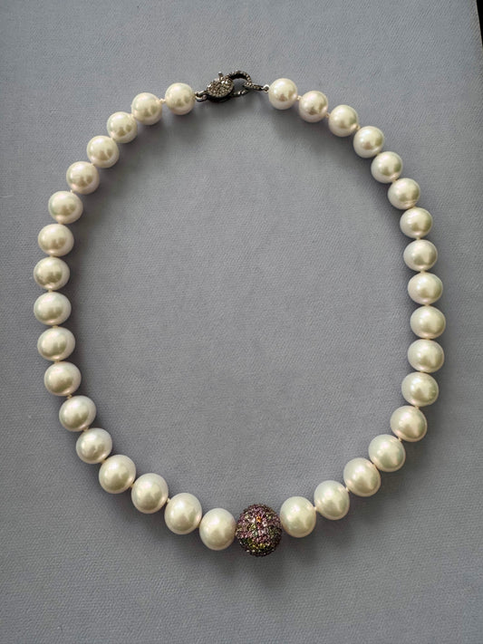 10–11mm White Edison Pearl Necklace with Pavé Tourmaline Bead & Pavé Diamond Oxidized Silver Clasp