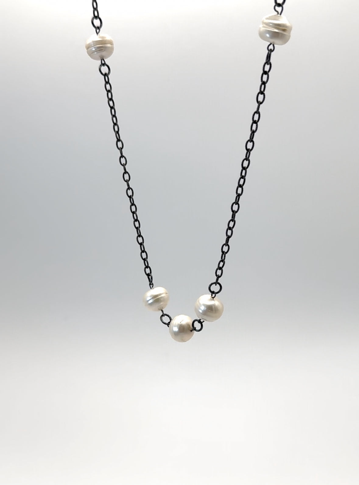 11mm White Baroque Pearls on Oxidized Silver Necklace