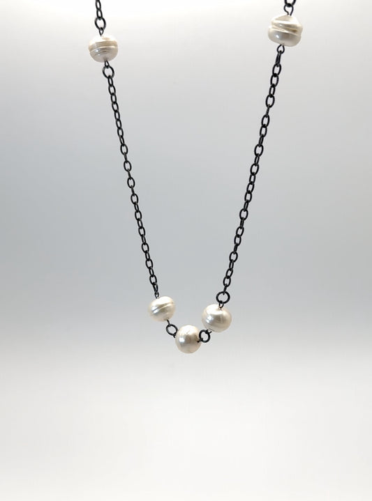 11mm White Baroque Pearls on Oxidized Silver Necklace