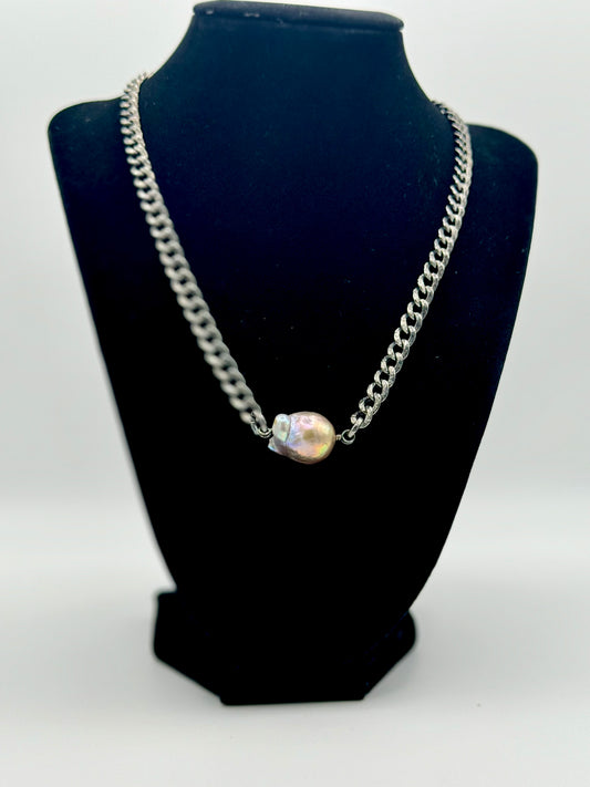 Metallic Baroque Freshwater Pearl Textured Curb Chain Necklace