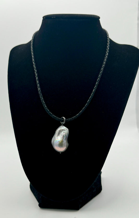 Silver Baroque Freshwater Pearl Black Cowhide Leather Necklace