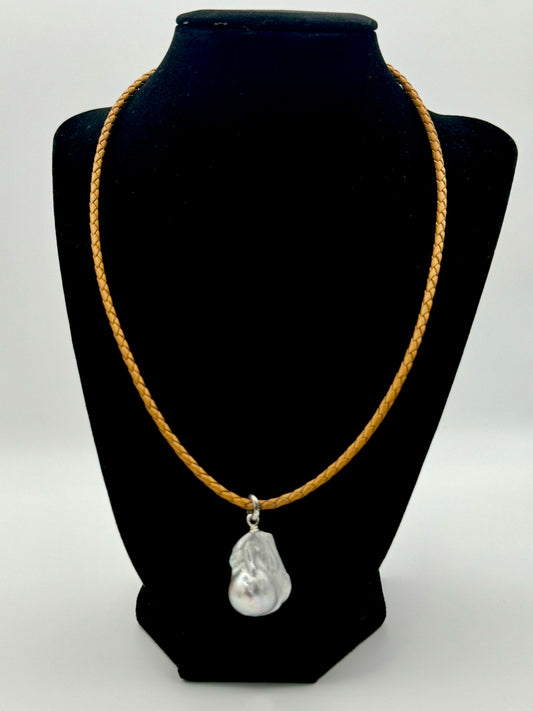 Silver Baroque Pearl Tan Leather Necklace