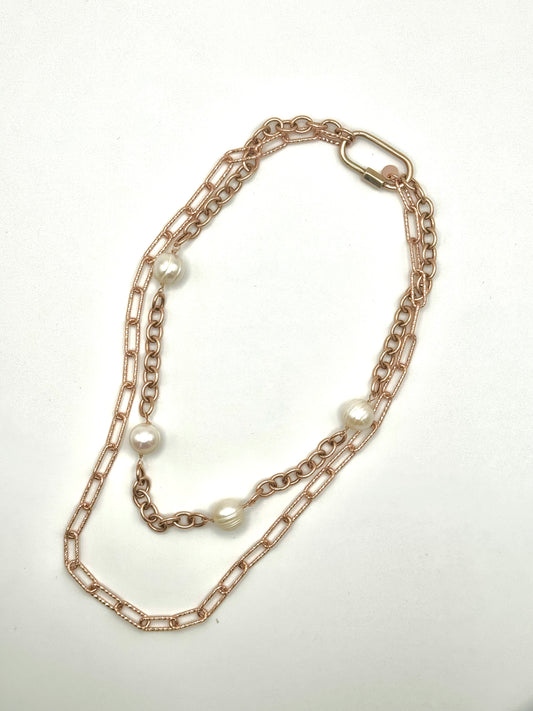 Rose Gold Cascade Necklace: Versatile Necklace with White Pearls on Two Layered Chains