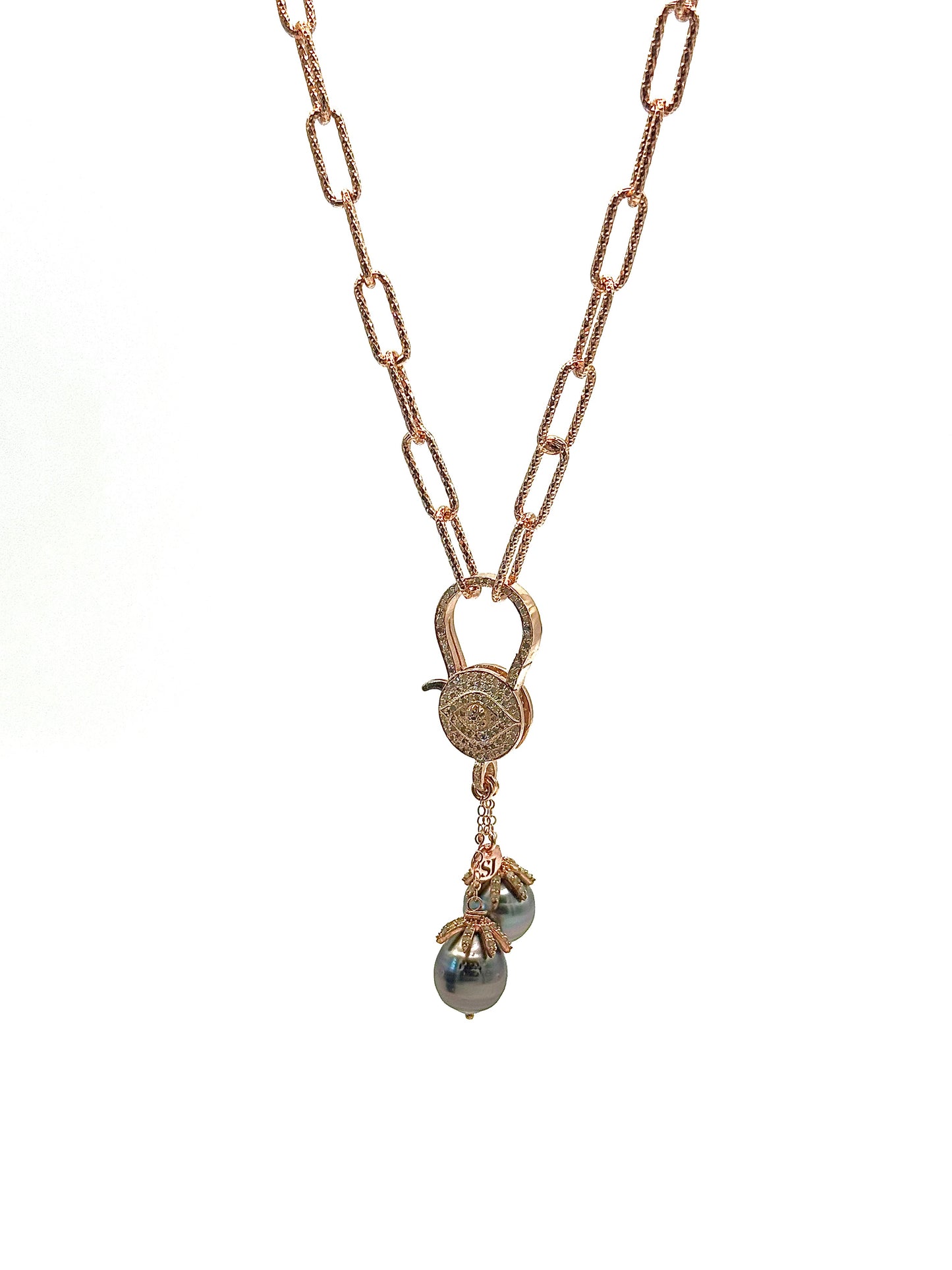 Rose Gold Evil Eye Diamond Clasp with Rose Grey Tahitian Pearl Dangle Necklace