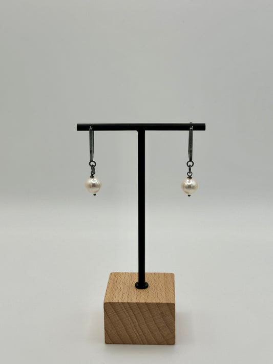 White Freshwater Pearl Oxidized Rectangle Hoop Earrings