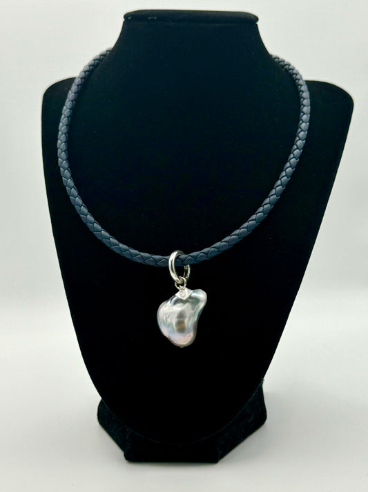 Silver Baroque Freshwater Pearl Removable Pendant Navy Kangaroo Leather Necklace