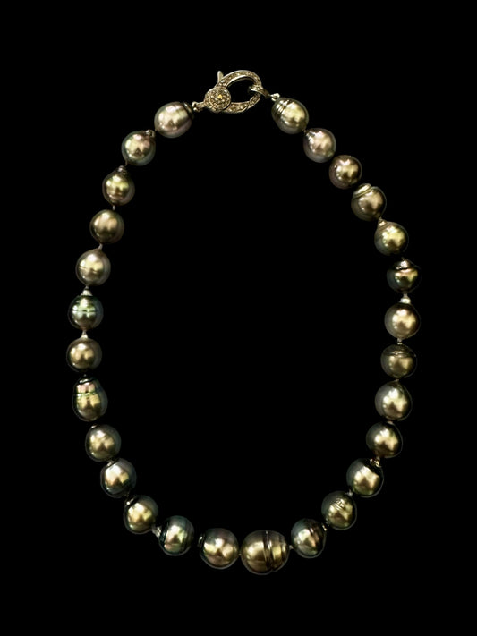 Nocturne – Tahitian Pearl Necklace with Pavé Diamond Oxidized Silver Clasp