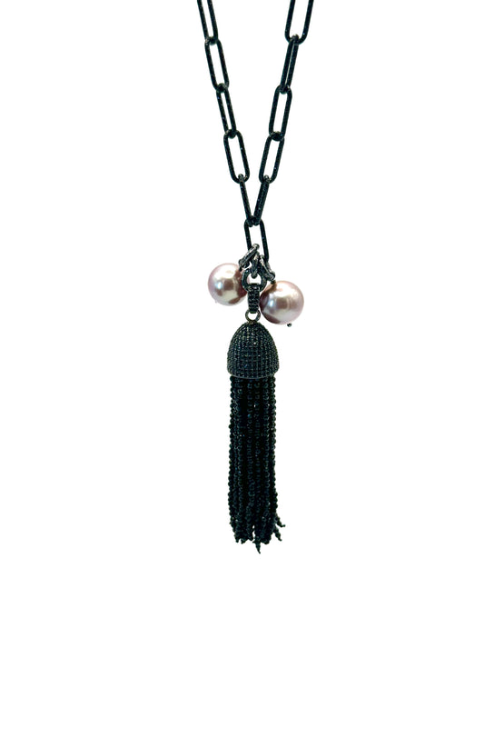 Pink Edison Pearl Black Spinel Tassel Black Rhodium Paperclip Chain Necklace