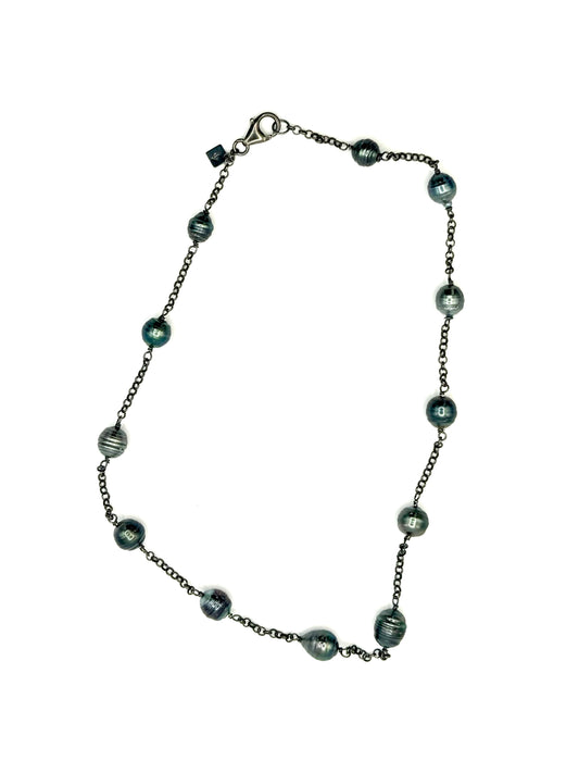 10mm Circle Tahitian Pearl Oxidized Sterling Silver Station Necklace