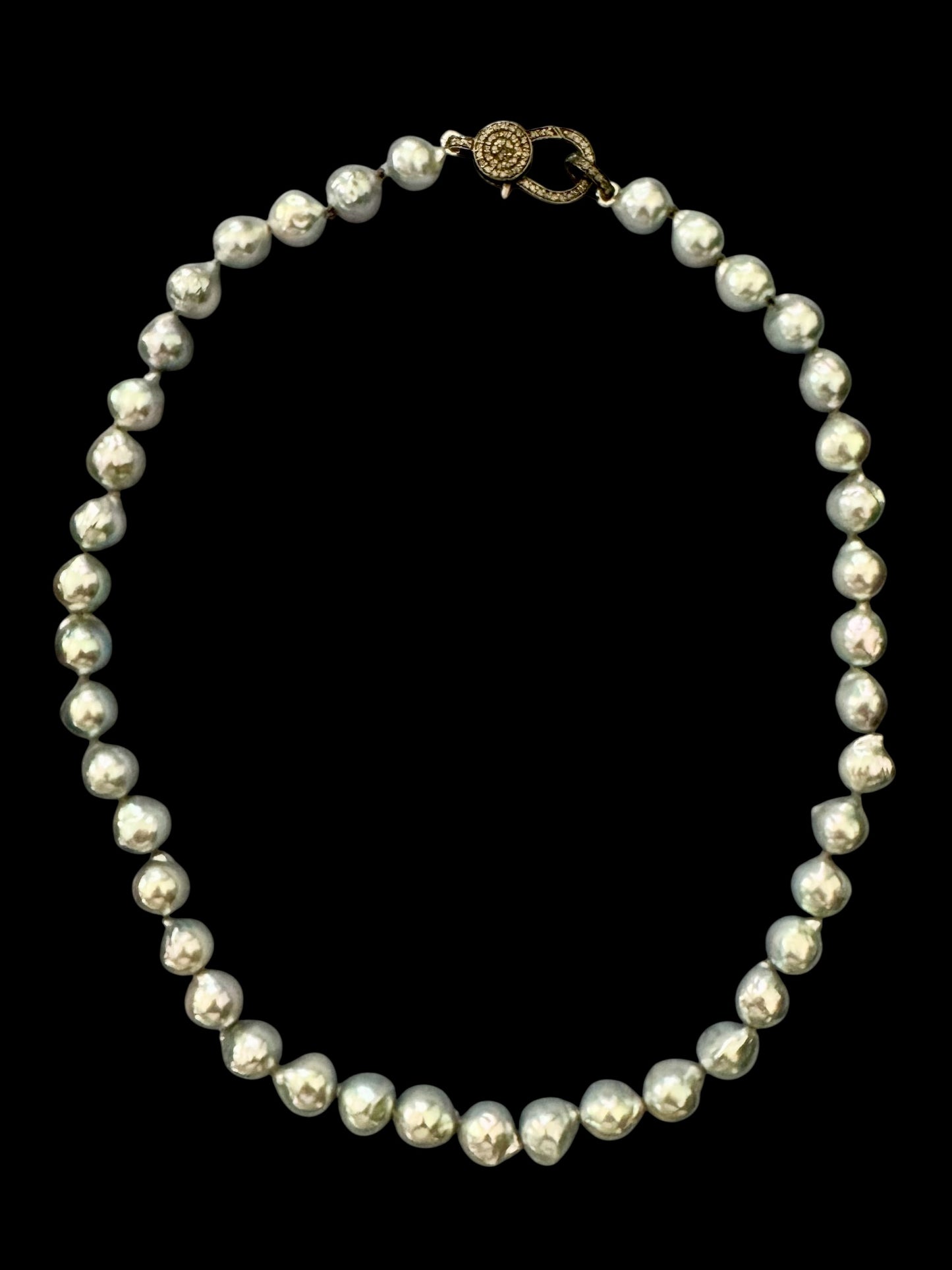 Ocean Noir – Blue Akoya Pearl Necklace with Oxidized Silver Pavé Diamond Clasp